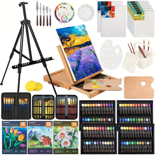 158pcs Deluxe Large Painting Kit with Metal And Solid Beech Wood Easel