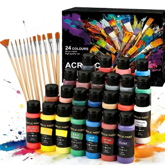 24 Colors Acrylic Paint Set with 12 Art Brushes