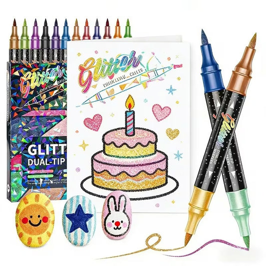 12pcs Dual-Tip Dual-Color Glitter Brush Pen