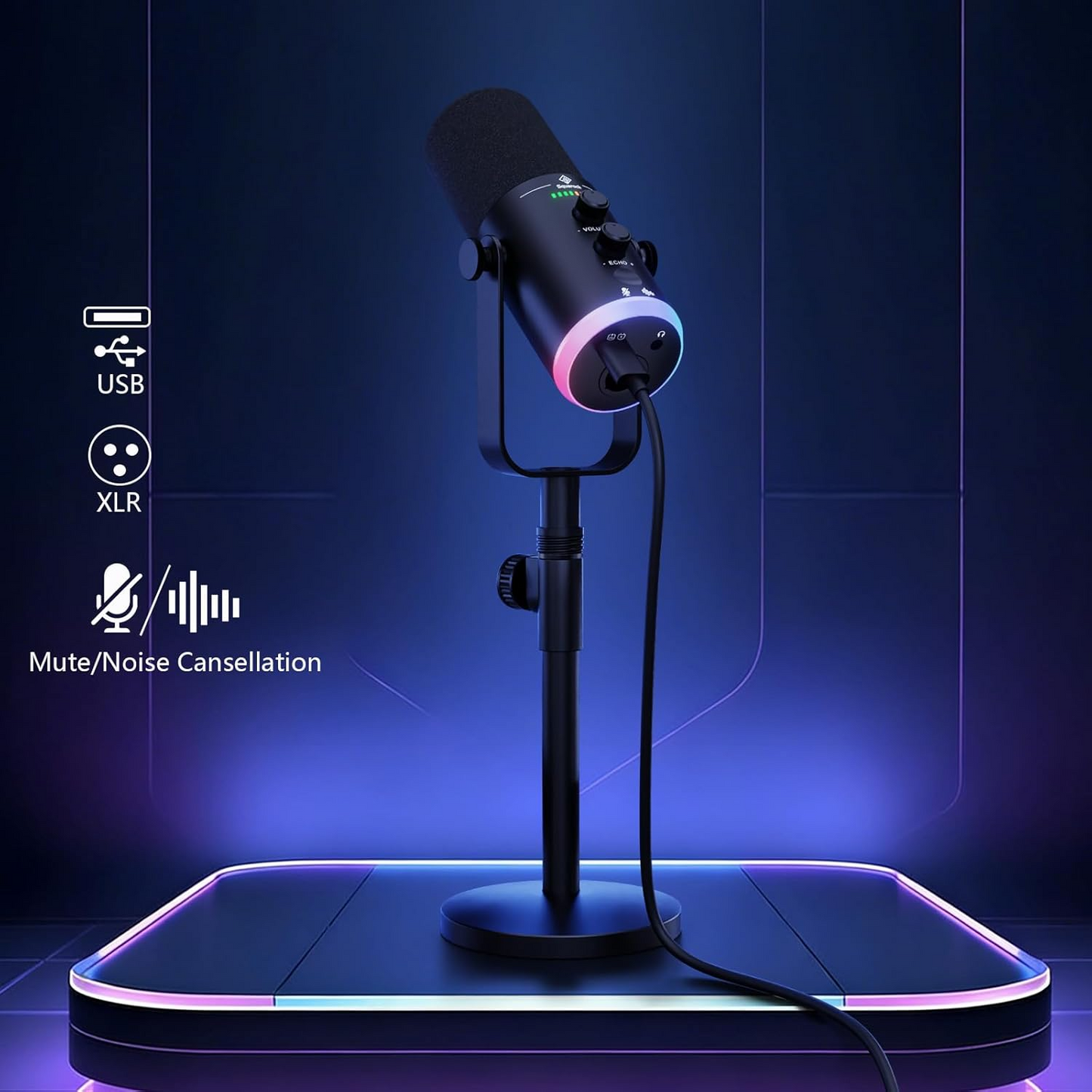 USB/XLR Dynamic Podcast Microphone with RGB Lighting