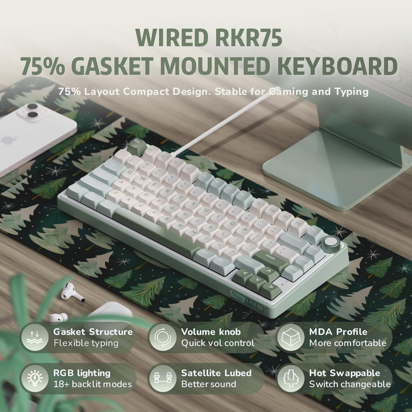 RK ROYAL KLUDGE R75 Mechanical Keyboard Wired with Volume Knob